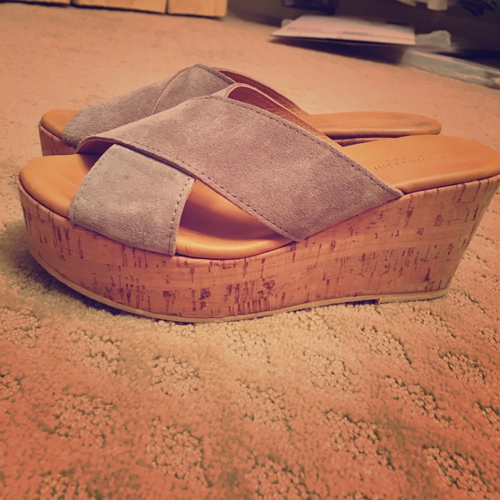 Garnet Hill Grey Leather Cork Heeled Wedges